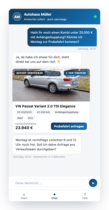 Dealership chat widget: a Saturday-evening inquiry answered in 3 seconds with a vehicle card and test drive offer