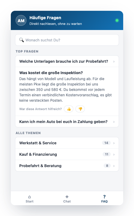 The widget's FAQ section: top questions, topic overview and thumbs feedback under every answer