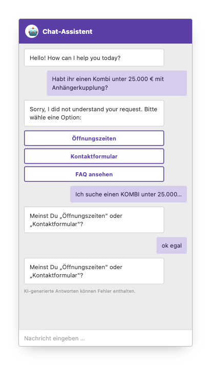 A typical click-menu bot: fails to understand the vehicle inquiry, replies in the wrong language and loops the same counter-question